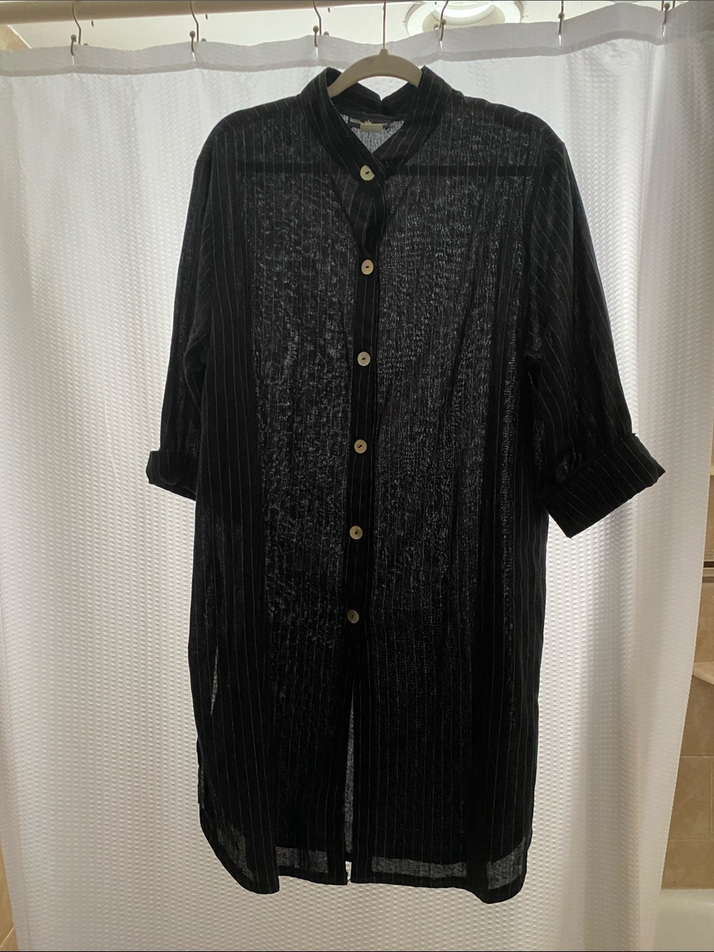 Black Pinstripe Long Button-Up Tunic - Versatile Overlayer